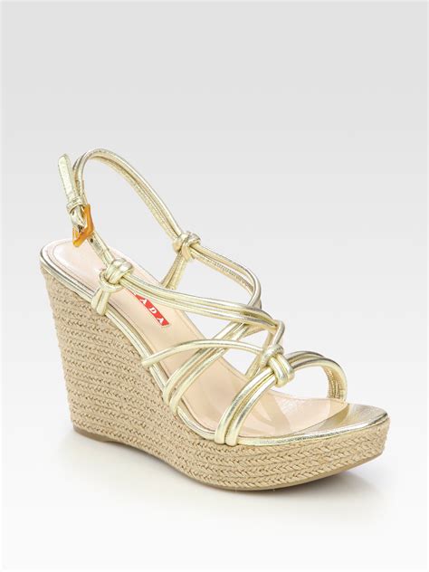 prada metallic strappy wedge sandal gold|Prada platform heels.